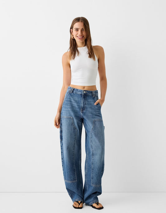 Bershka Wide balloon-fit carpenter jeans