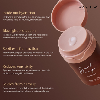 DAB TO FAB Spark Change Moisturiser with key benefits: hydrates, protects from blue light, soothes inflammation, reduces sensitivity, and shields from pollution.