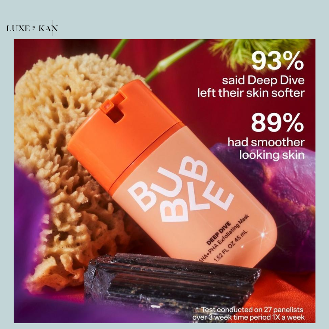 An orange bottle of Bubble Deep Dive exfoliating mask against a colorful, textured background, highlighting user satisfaction statistics.