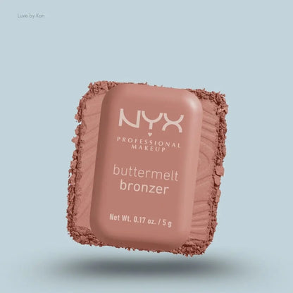 NYX Professional Makeup Buttermelt Powder Bronzer box and swatch on blue background — LBK India