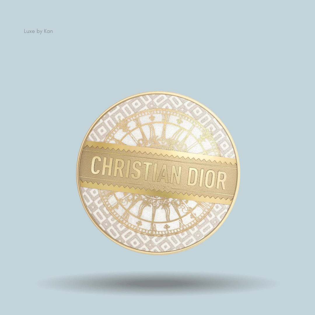 Dior Forever cushion foundation case with a circular white and gold pattern and a golden banner displaying the brand name.