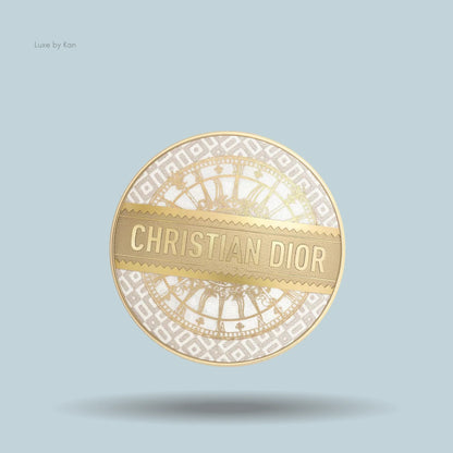 Dior Forever cushion foundation case with a circular white and gold pattern and a golden banner displaying the brand name.