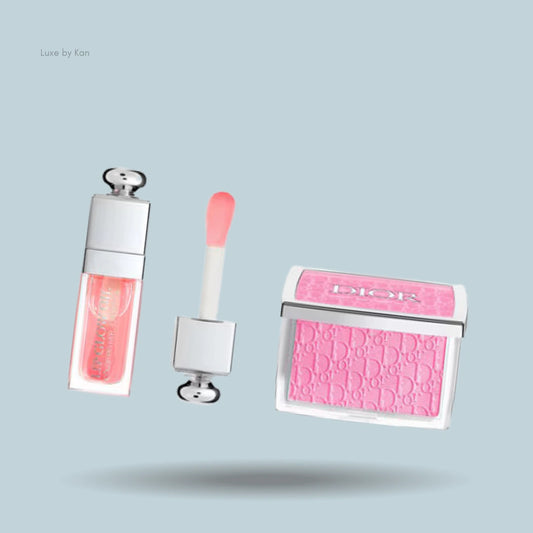 Dior Rosy Glow blush compact featuring the embossed logo pattern, paired with Dior Addict Lip Glow Oil with applicator brush.