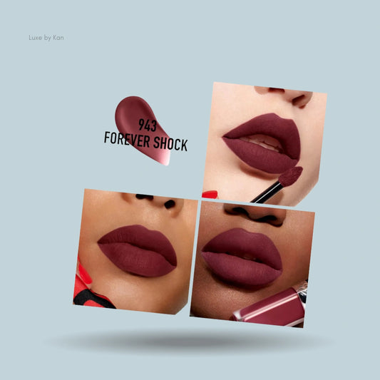 Dior Rouge Forever Matte Liquid Lipstick in shade 943 Forever Shock, featuring close-ups of lips with product applied and the product packaging.