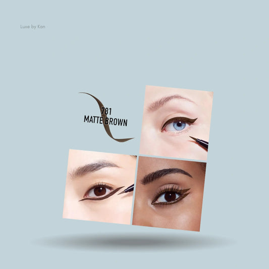 Diorshow On Stage Liner eyeliner in shade 781 Matte Brown, featuring close-ups of three diverse models applying eyeliner to their upper eyelids with a precision applicator.