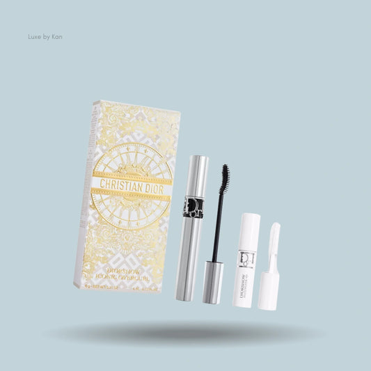 DiorShow The Volume and Curl Mascara Gift Set, including a gift box, one silver mascara tube with applicator, and one white mascara tube with applicator.