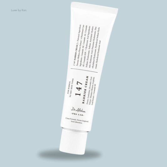 Tube of Dr. Althea 147 barrier cream for normal to dry skin, listing patented ingredients, nutritional care ingredients, Hyaluronic Acid ingredients, and plant extracts.