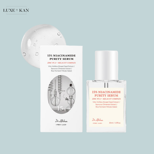 Dr. Althea 15% Niacinamide Purity Serum displayed with its product box and a gel swatch, highlighting the ingredients and its formulation.