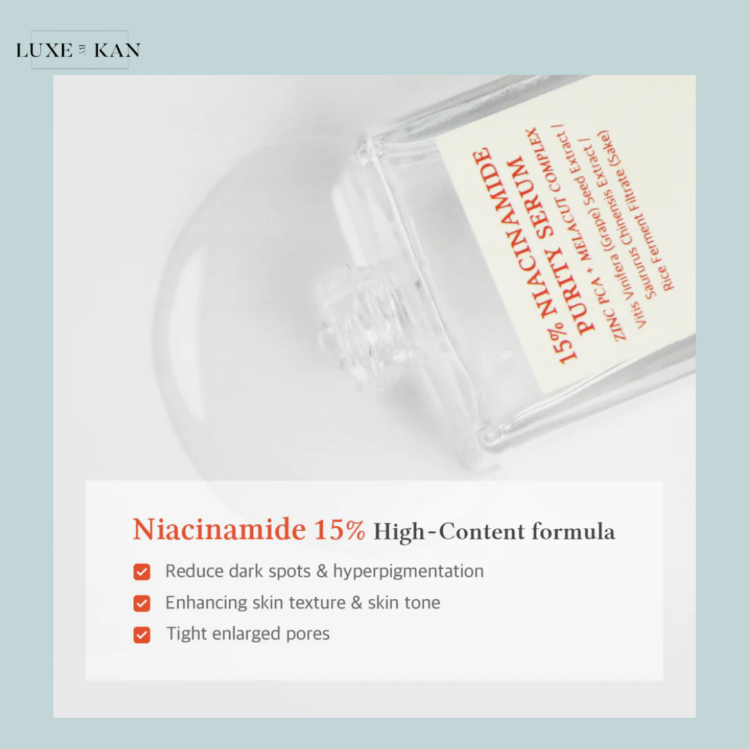 Dr. Althea 15% Niacinamide Purity Serum shown lying on its side with the label visible, highlighting benefits like reducing dark spots, brightening complexion, and improving skin texture.