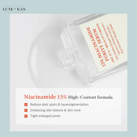 Dr. Althea 15% Niacinamide Purity Serum shown lying on its side with the label visible, highlighting benefits like reducing dark spots, brightening complexion, and improving skin texture.