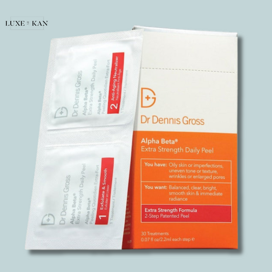 Dr. Dennis Gross Alpha Beta Extra Strength Daily Peel packaging, featuring two treatment sachets for skin exfoliation and radiance.