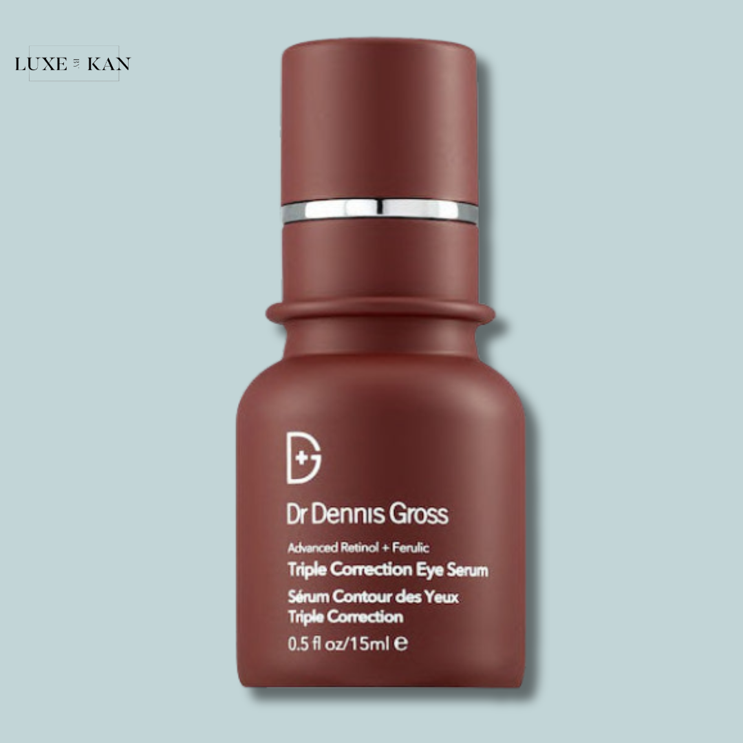 Dr. Dennis Gross' Advanced Retinol + Ferulic Triple Correction Eye Serum in a small brown bottle.