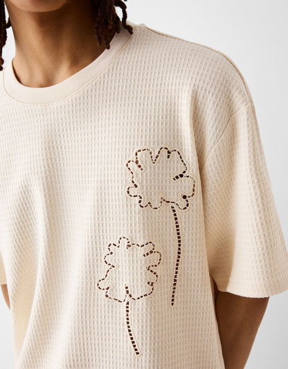 Bershka Men Embroidered waffle-knit short sleeve T-shirt