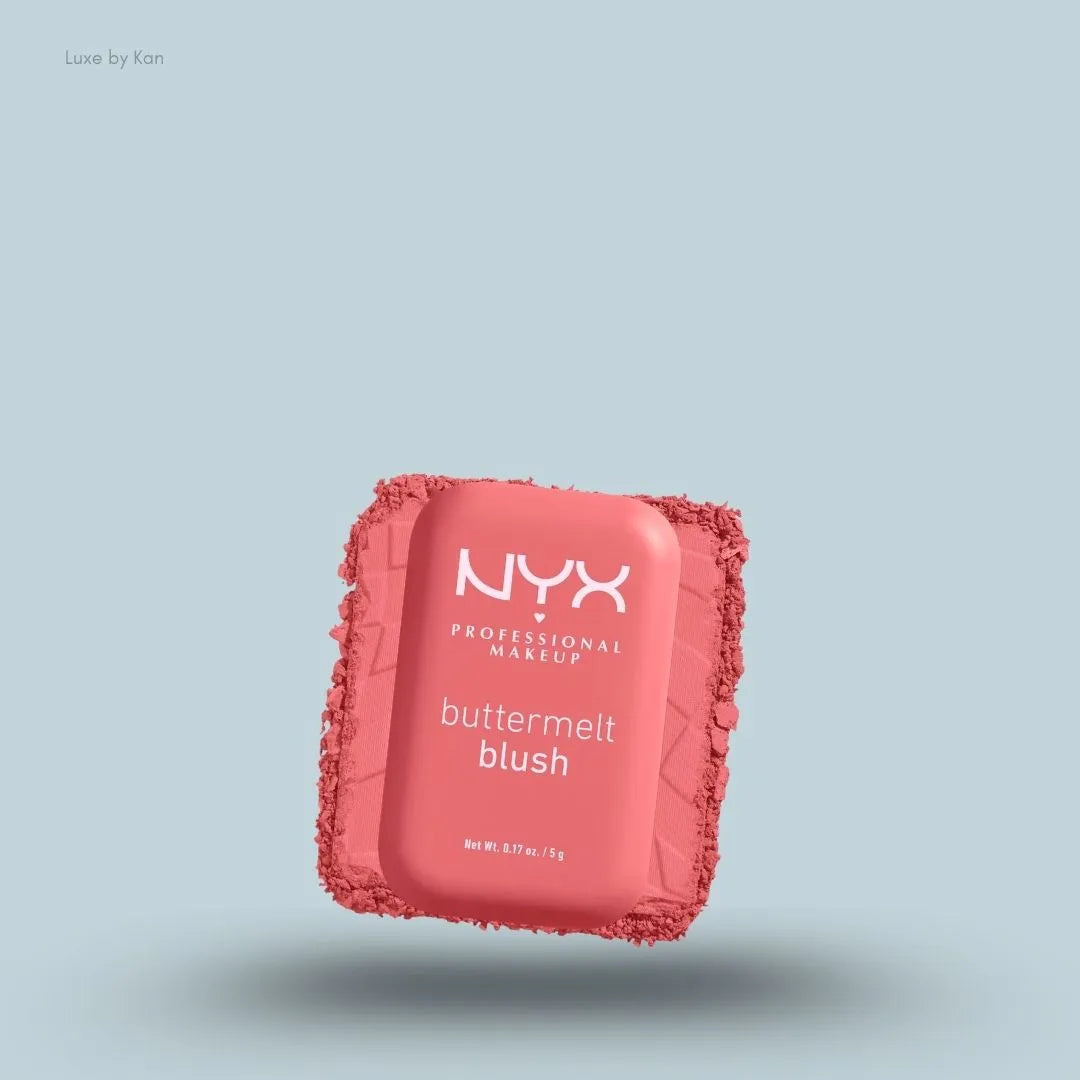NYX Professional Makeup Buttermelt Powder Blush 12H Fade Resistant on blue background — LBK