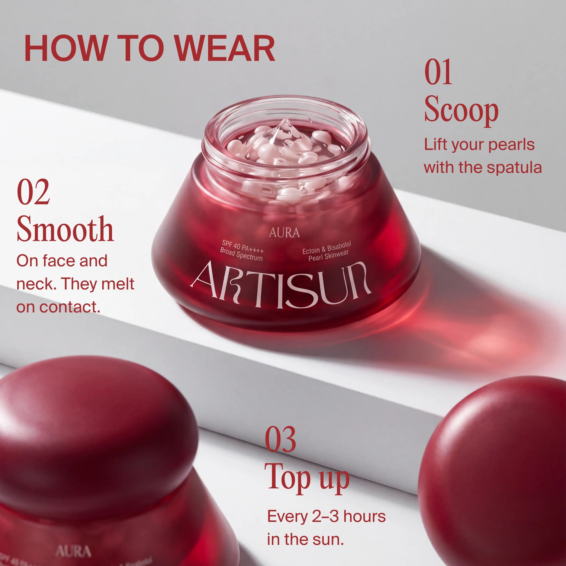 artisun Aura Pearl Skinwear Sunscreen SPF 40 with step-by-step how-to-use guide