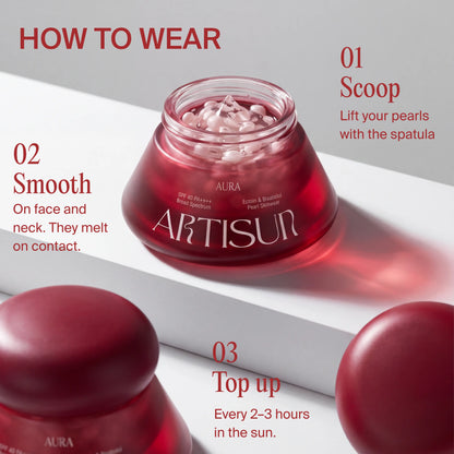 artisun Aura Pearl Skinwear Sunscreen SPF 40 with step-by-step how-to-use guide
