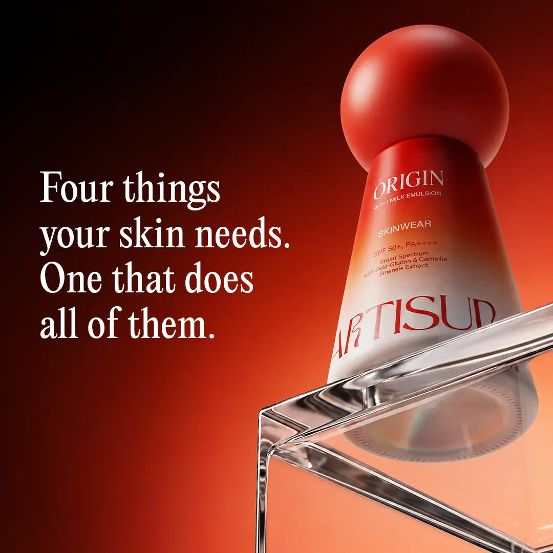 Artisun Origin 4-in-1 Milk Emulsion Sunscreen SPF 50+ bottle with product details