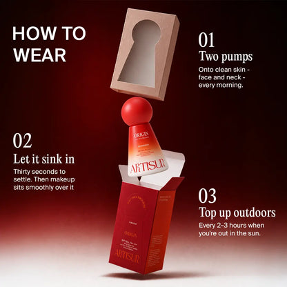 Artisun Origin 4-in-1 Milk Emulsion Sunscreen SPF 50+ bottle with how-to-wear steps