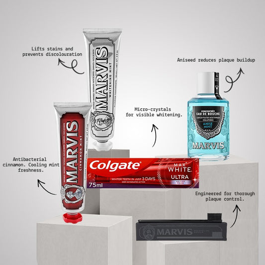 Oral care products like Marvis and Colgate on white pedestals with descriptive text against a soft light gray background.