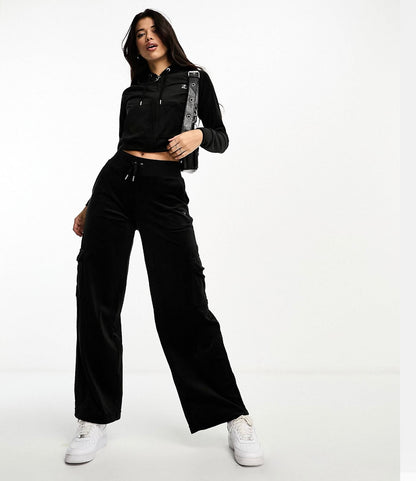 JUICY COUTURE Velour Wide Leg Cargo Trousers in Black