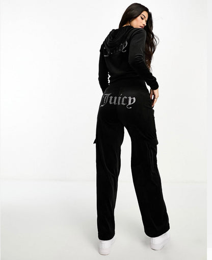 JUICY COUTURE Velour Wide Leg Cargo Trousers in Black