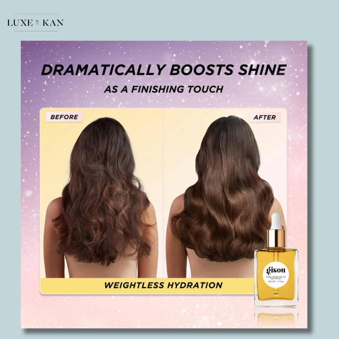 Before-and-after hair transformation showcasing increased shine and hydration using Gisou oil, with healthy, glossy waves.