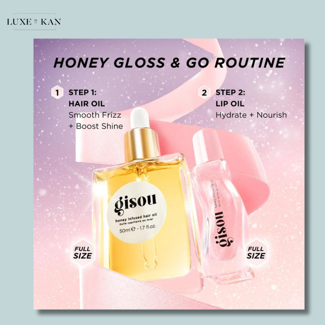Gisou's Honey Gloss & Go routine, featuring hair oil and lip oil with step-by-step application instructions.