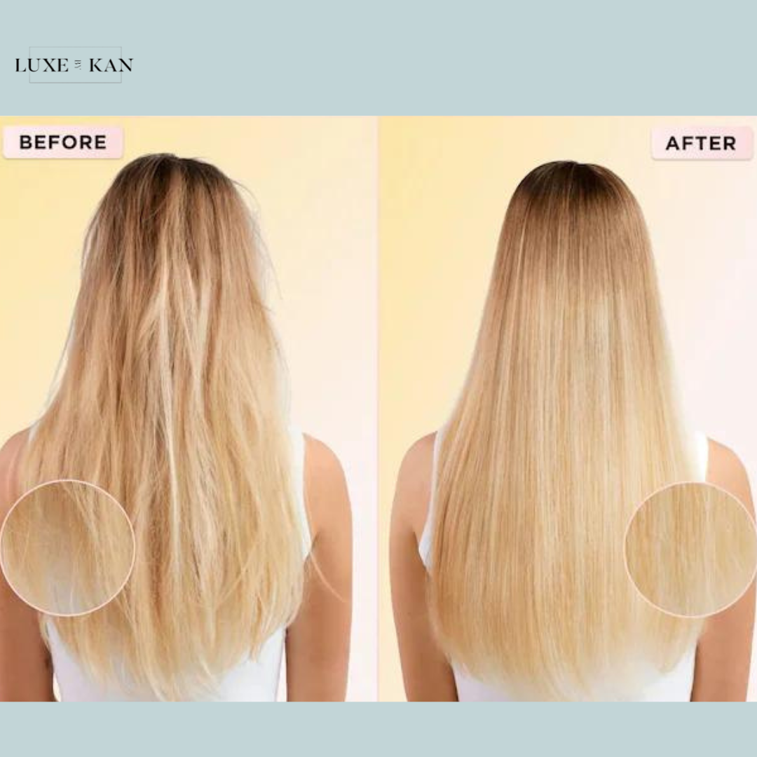 GISOU Honey Infused Hair Repair Serum comparison showing hair transformation: the left displays frizzy, unkempt hair, while the right reveals sleek, polished hair.
