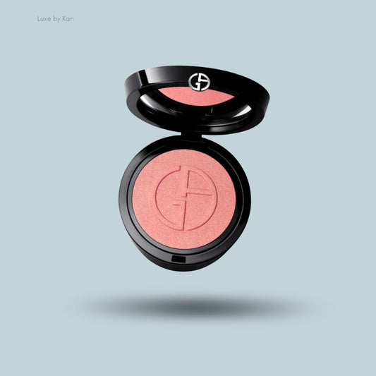 Giorgio Armani Luminous Silk Glow Blush in an open black compact, showcasing its smooth, radiant powder finish.