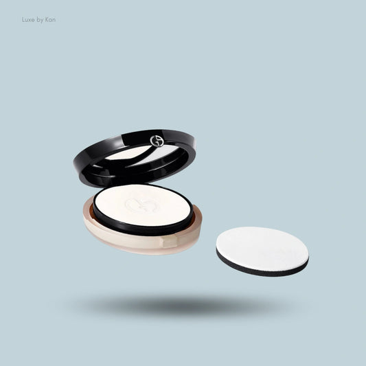 Armani Power Fabric+ Setting Powder Compact, shown open with an included applicator.