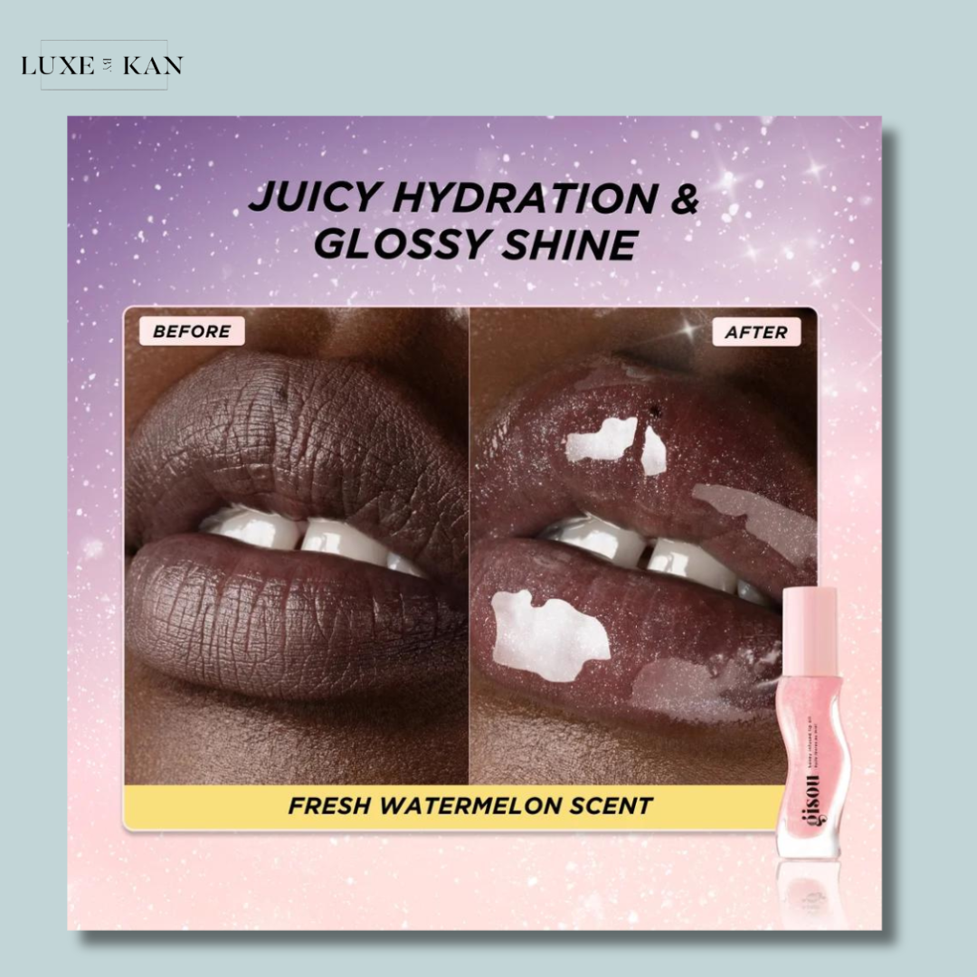 Gisou Honey Gloss "Before and after" images of lips, showing enhanced hydration and glossy shine.