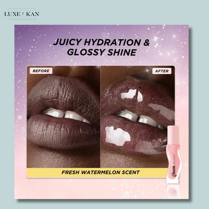 Gisou Honey Gloss "Before and after" images of lips, showing enhanced hydration and glossy shine.