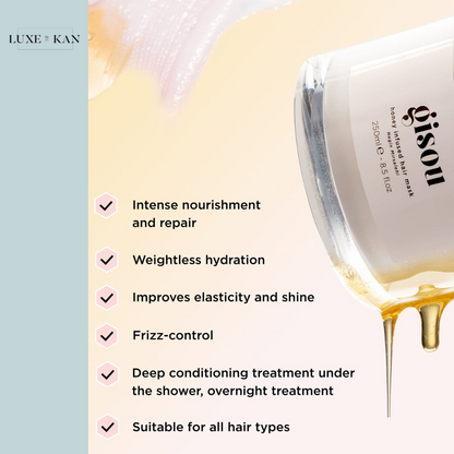 Gisou honey-infused hair mask with benefits listed: nourishment, hydration, elasticity, frizz control, and suitability for all hair types.