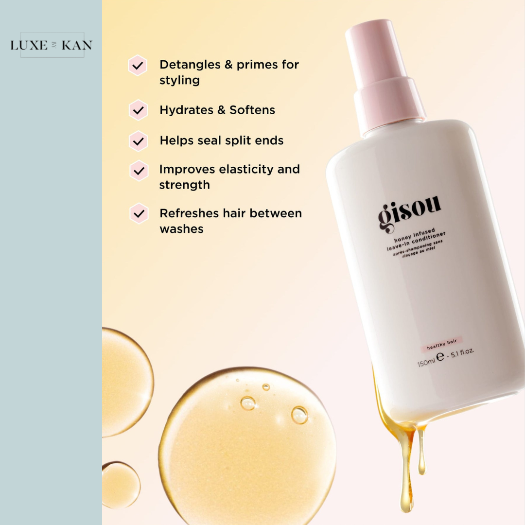 Gisou honey-infused leave-in conditioner with benefits listed, including hydration, detangling, and strengthening hair.