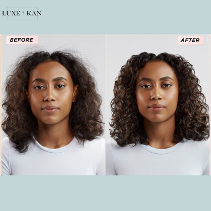 Gisou Honey Infused Leave-In Conditioner comparison of hair, showing a transition from frizzy to defined, bouncy curls.