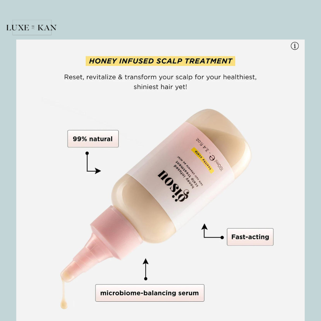 Honey infused scalp treatment bottle with labels highlighting its 99% natural formula, fast-acting properties, and microbiome balance.