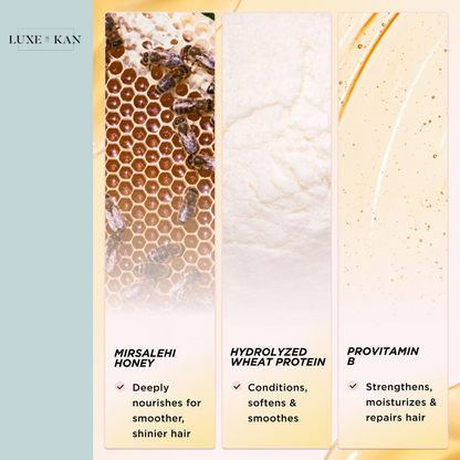 Gisou highlighting Mirsalehi honey, hydrolyzed wheat protein, and provitamin B for hair care benefits. Luxe + Kan branding on the top left.