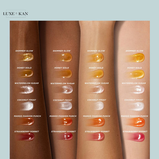 Gisou Lip Oil Honey Infused with varying skin tones showcase colorful cosmetic swatches: shimmer glow, honey gold, watermelon sugar, and more.