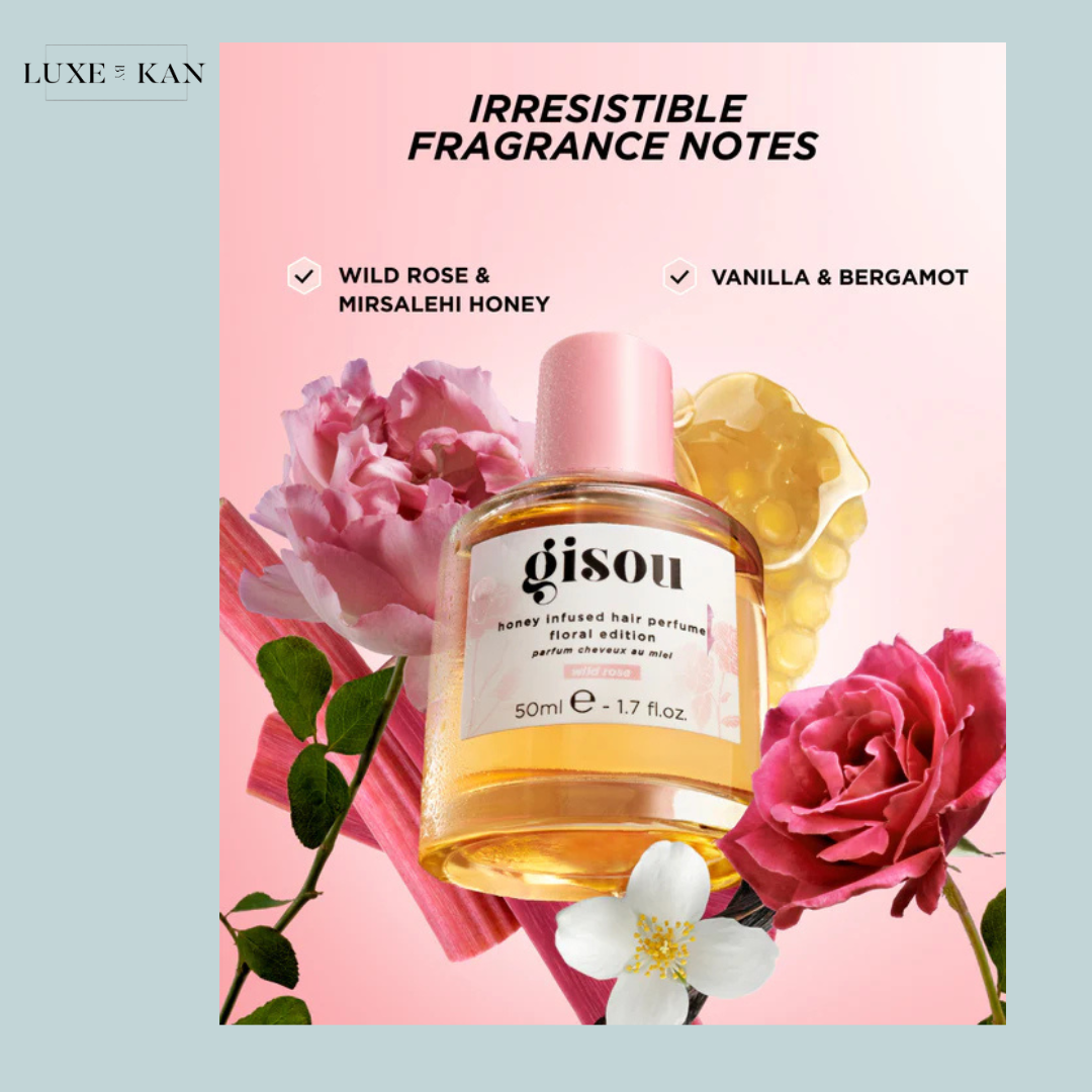 Gisou honey-infused hair perfume with floral notes of wild rose and Mirsalehi honey.