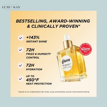 Gisou's honey-infused hair oil with claims of shine, frizz control, hydration, and heat protection.