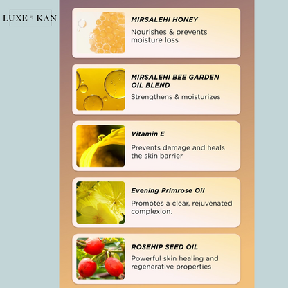 Gisou Honey Infused Face Oil skincare benefits list featuring Mirsalehi Honey, oil blend, Vitamin E, Evening Primrose Oil, and Rosehip Seed Oil.