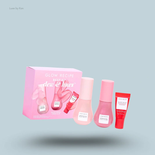A box of the Glow Recipe Best of Dew & Hues set with two pink liquid blushes and a Glass Balm lip product.