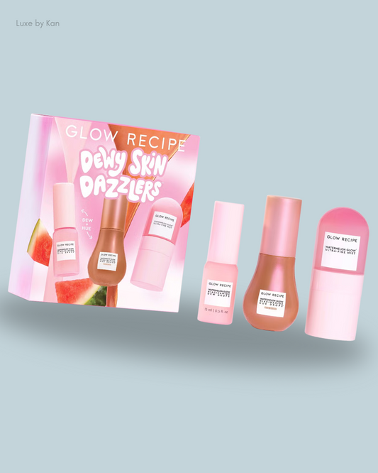 Glow Recipe Dewy Skin Dazzlers set featuring three skincare products with a colorful, fruity packaging design.