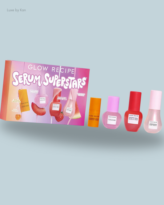 A colorful box labeled "Glow Recipe Serum Superstars" showcases four skincare serums in various bottles.