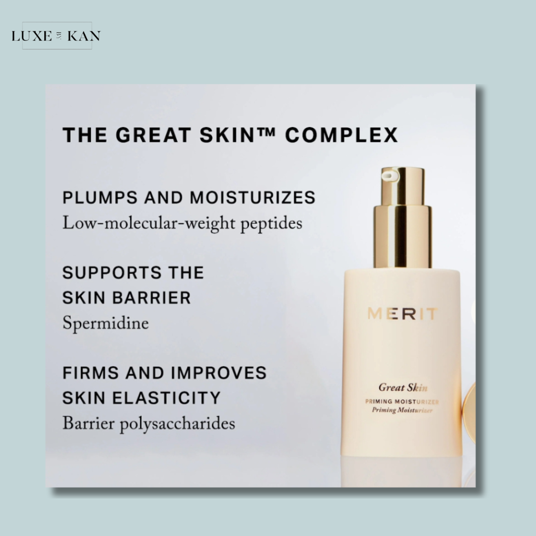 MERIT Great Skin Priming Moisturizer alongside text detailing its benefits: hydration, skin barrier support, and elasticity improvement.