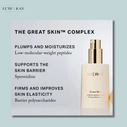 MERIT Great Skin Priming Moisturizer alongside text detailing its benefits: hydration, skin barrier support, and elasticity improvement.
