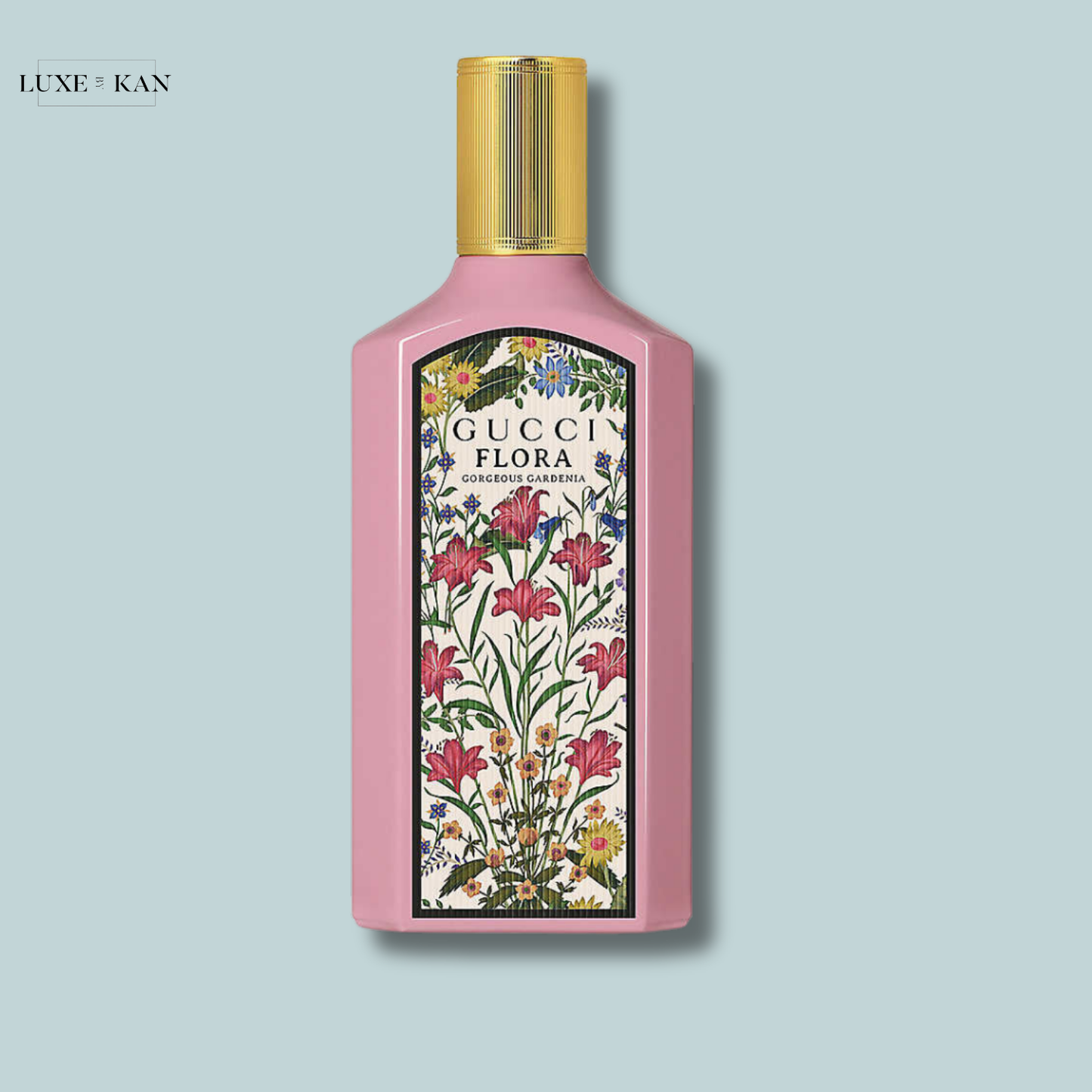 Gucci Flora Gorgeous Gardenia perfume bottle with floral pattern.