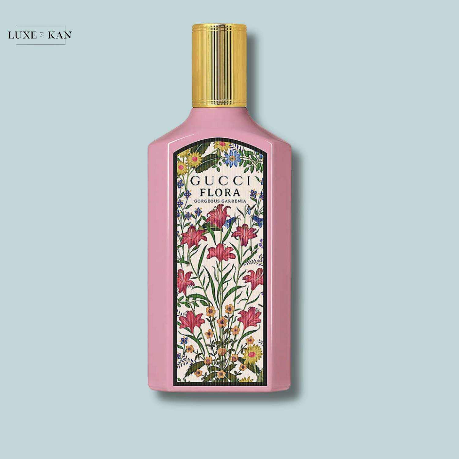 Gucci Flora Gorgeous Gardenia perfume bottle with floral pattern.