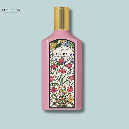 Gucci Flora Gorgeous Gardenia perfume bottle with floral pattern.