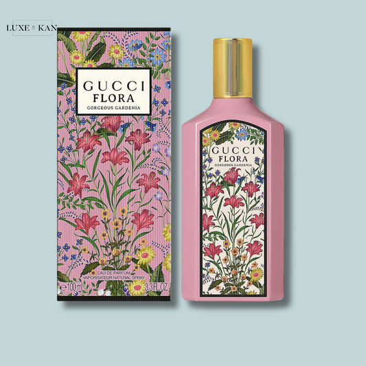 Gucci Flora Gorgeous Gardenia perfume with floral box and bottle.
